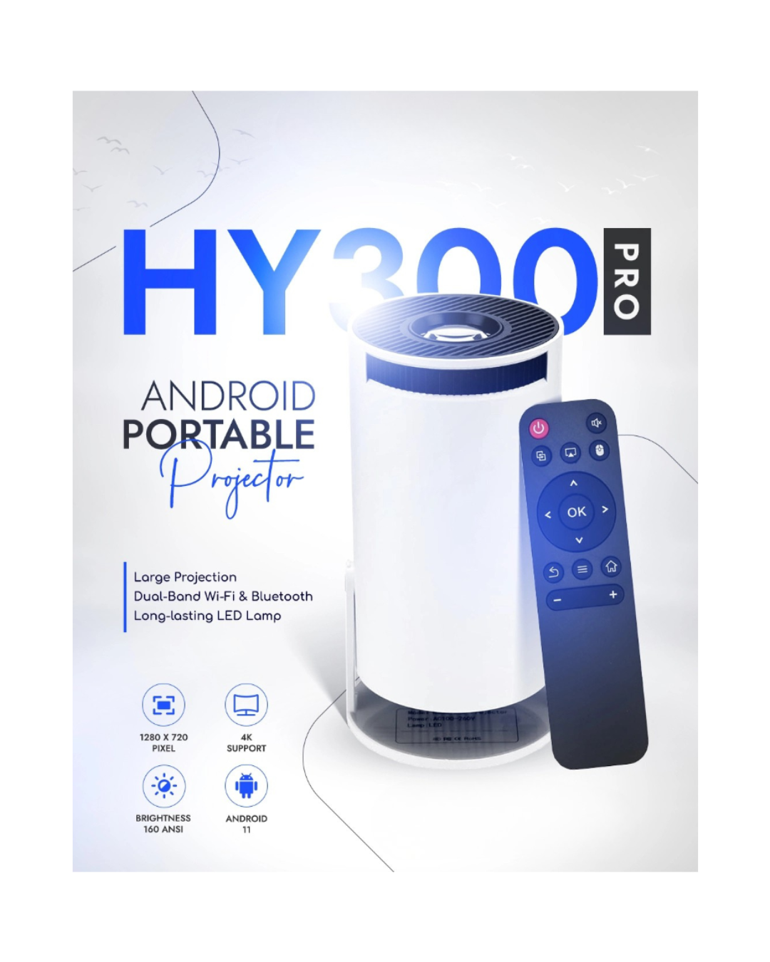 HY300 Pro Projector 4K Supported, Android 11, Dual Wifi6, 260 ANSI Lumens, Allwinner H713 BT5.0, 1080P 1280x720P, Home Cinema Outdoor Projector